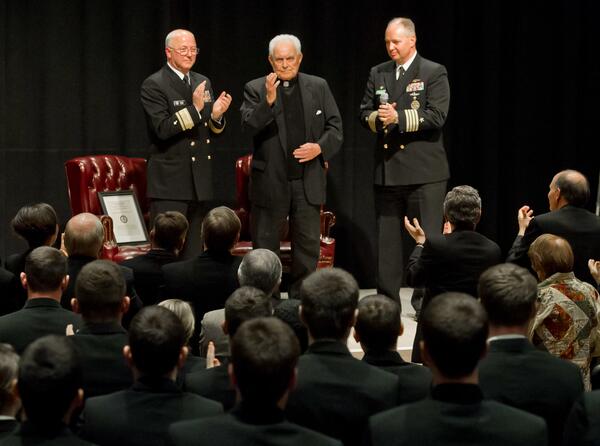 NotreDame's tweet photo. #2013inReview: Father Hesburgh was named an Honorary Navy Chaplain http://t.co/Isfrq6m7vI http://t.co/FTPDuLI2no