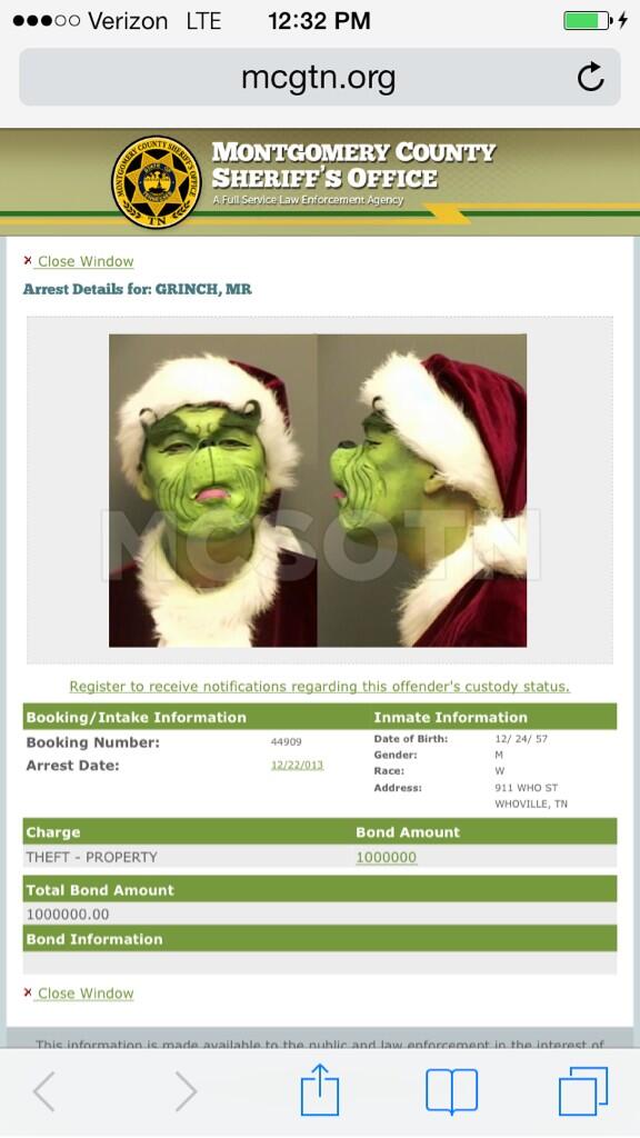 Turtle Anarchy Brew On Twitter Found This On Clarksville S Booking Log Ha Notstealingchristmasthistime Youreameanone Mrgrinch Http T Co Rcyx2qig3b