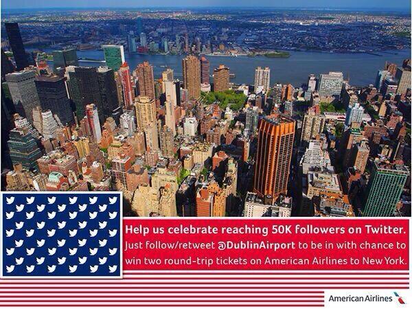 Last chance to win 2 free flights to NYC with <a href="/AmericanAir/">americanair</a>. RT &amp; follow <a href="/DublinAirport/">Dublin Airport</a> to enter. #DUB50K