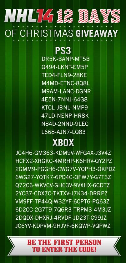 EASPORTSNHL's tweet image. Happy Holidays! Enjoy some codes for in-game #NHL14 Bauer Equipment! Codes are single use only.