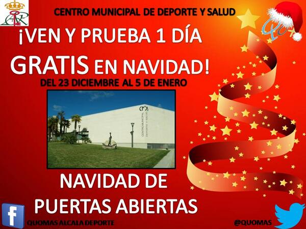 Quomas's tweet photo. NAVIDAD DE PUERTAS ABIERTAS EN EL CENTRO MUNICIPAL DE DEPORTE Y SALUD 
VEN Y DISFRUTA 1 DÍA GRATIS EN NAVIDAD #CMDS http://t.co/TiUyrrEKr3