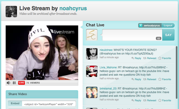 SeriouslyCyrus's tweet photo. .@noahcyrus live Q&amp;A session http://t.co/VOnEYmwezk - ONLY answering comments on the new #SeriouslyCyrus video RT!! http://t.co/iNCPlODoJb