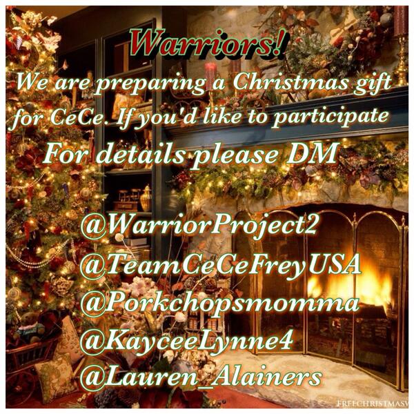 WarriorProject2's tweet image. Warriors! If you want to be a part of CeCe's Christmas present, There are 3 hours left!