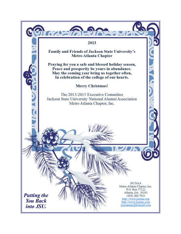 JSUNAA_MetroATL's tweet photo. Merry Christmas! @JacksonStateU @JSUNAA @jjthompson01 @perfectionspath @JT_Minor @shakealia @mikejsu @ednamyc_912WJSP http://t.co/8L2S2Ixtxo