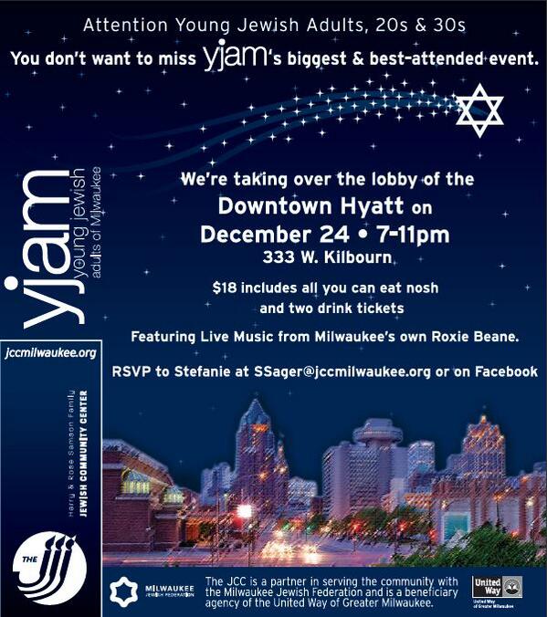 YJAMMilwaukee's tweet photo. Hey #MKE #Jews looking for something to do tonight besides see a movie? Join us in the lobby of the Hyatt from 7-11pm http://t.co/2IdTkgQLA7