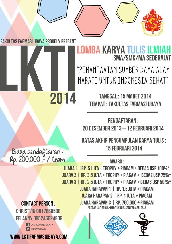 Ikuti Lomba Karya Tulis Ilmiah | Fakultas Farmasi Universitas Surabaya.More:lktifarmasiubaya.com  (via <a href="/lktiffubaya/">LKTI Farmasi UBAYA </a>)