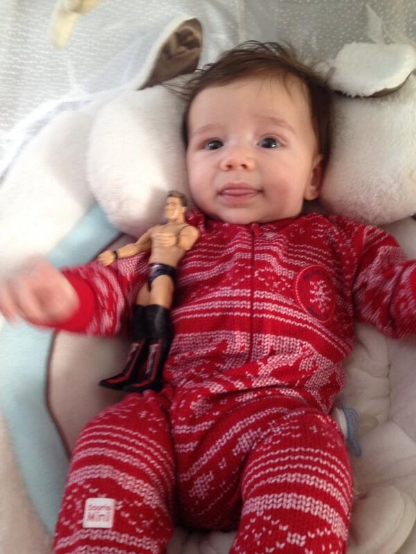 Markywwe's tweet photo. My 3 month old baby Liam with his first WWE action figure @IAmJericho Merry Christmas!!!! http://t.co/JgrtuPomO2