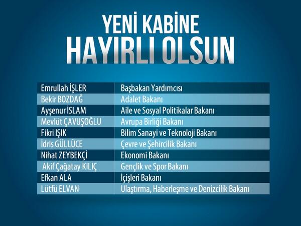 RTErdogan's tweet photo. Yeni kabinemiz vatanımıza ve milletimize hayırlı uğurlu olsun. http://t.co/p5z5BqeKQ5