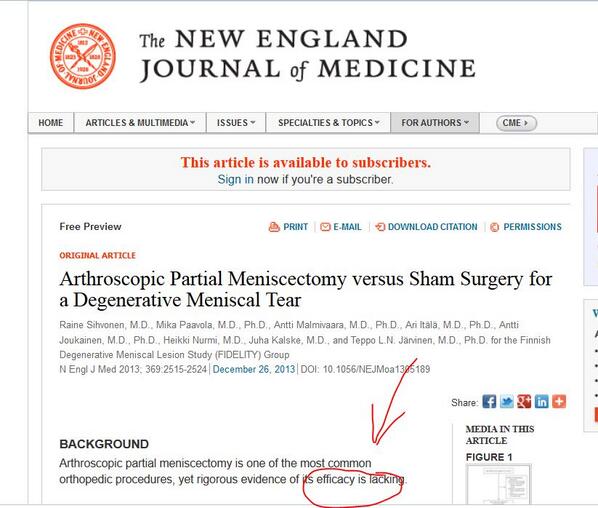 via <a href="/NEJM/">NEJM</a> bit.ly/1eD6oY5 Sham surgery as good as arthroscopic menisectomy! Gulp!! big #sportsmedicine news
