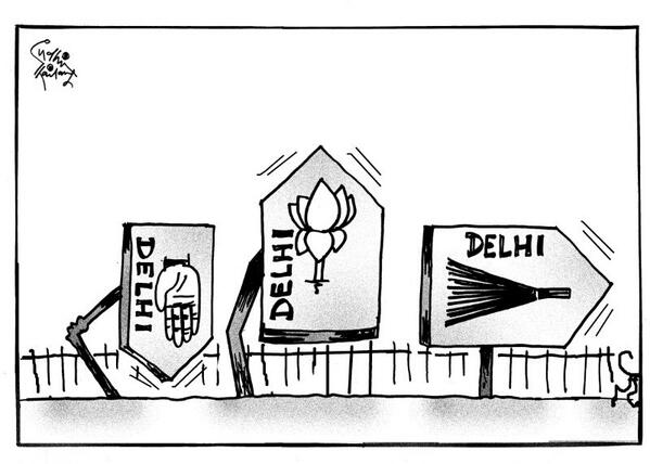 sudhirtailang's tweet photo. #Delhi politics - signs of the times.  #congress #BJP #AAP.  My cartoon. http://t.co/njFwfqO0Ed