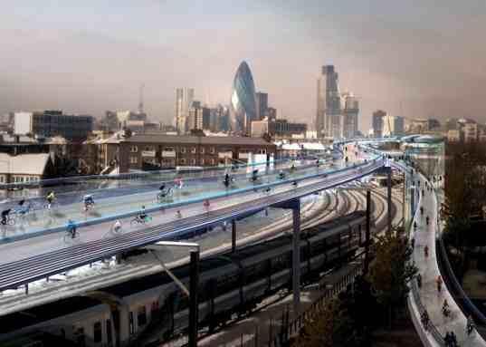 inhabitat's tweet photo. Norman Foster has unveiled Skycycle - a network of sky-high bike lanes for London cyclists! http://t.co/hxANjwznOI http://t.co/j0sSSNRQH9