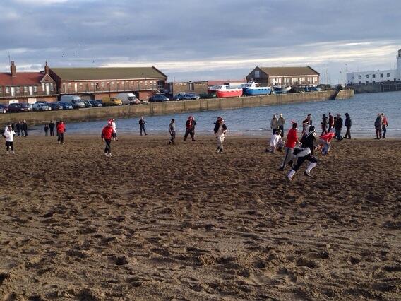 ChappersMe's tweet photo. Boxing Day football on Scarborough beach for charity #tradition #football http://t.co/CJmnllcHPG @SundayBrunchC4