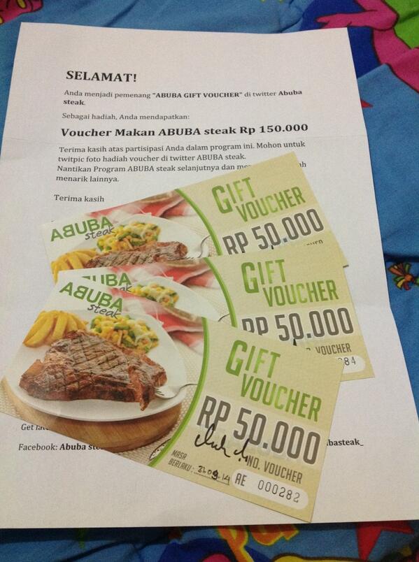 Cal1uL4's tweet photo. @abubasteak_ terima kasih vouchernya sudah diterima... Siap makan2 deh 😊😊 http://t.co/JvBxuOVEtV