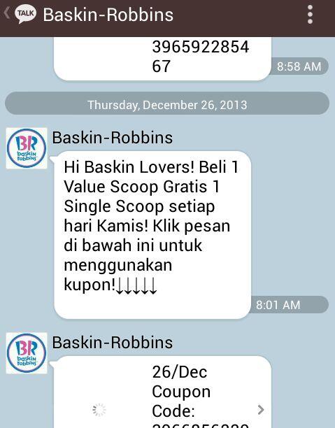 soalBOWBOW's tweet photo. Halooo.. udah beli es krim Baskin-Robbins pake coupon code dari @KakaoTalkINA ? Buy 1 get 1 loh! Cuss! #plusfriend http://t.co/F0FiLXr4tM