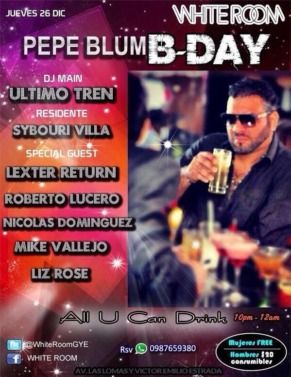 whiteroomgye's tweet photo. Hoy la rumba mas esperada,el cumple d nuestro amigo pepe blum!Hasta el amanecer y 5 dj's en escena @FEELINGPROMUSIC http://t.co/uVUuGlj6jI