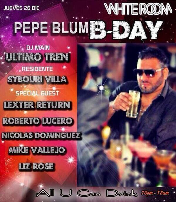 ByronPR's tweet photo. HOY Pepe Blum #BDay en @whiteroomgye! #AllUCanDrink de 10PM a 12AM y 5 #djs en escena!
Pin:7AFDDAC6 WA:0998782018 http://t.co/9ce7Wr4AJ4