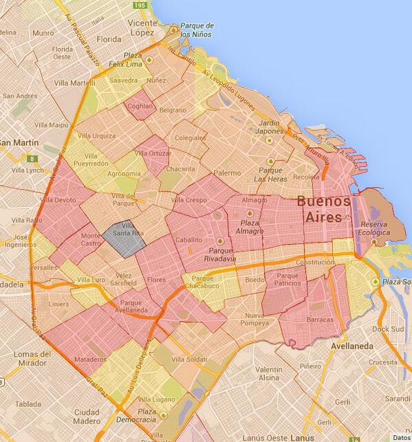 Todos los barrios con algún problema de #CortesDeLuz (naranja:se cortó 1 cuadra, rojo: varias) // vía <a href="/acanohayluz/">Acá no hay luz</a>