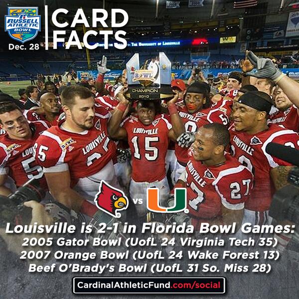 ULFlyingCard's tweet photo. #CardFacts: #UofL is 2-1 in bowl games in the Sunshine State (Wins in 2007 Orange Bowl, 2010 Beef O'Brady's). #L1C4 http://t.co/ip9GpiQ8ck