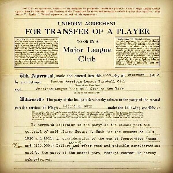 RedSox_History's tweet photo. On this date in 1919, the @RedSox sold Babe Ruth's contract to the @Yankees (h/t @MLBFanCave) http://t.co/waBTZiGItR