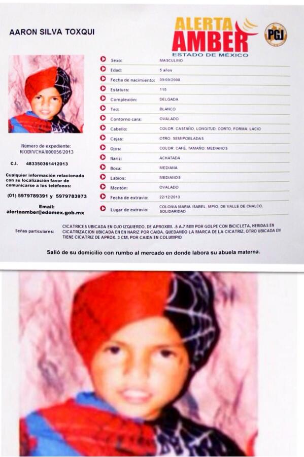 RoyCampos's tweet photo. "@Ratn12: Difunde x favor #AlertaAmber  Aaron Silva Toxqui 5 años desaparecido Chalco #EdoMex 22/12. http://t.co/XQaVhLiaaZ"