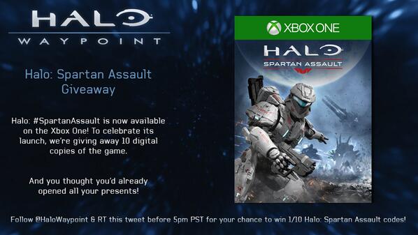 Halo on Twitter: "Follow and RT by 5pm PST for your chance to win Halo:  #SpartanAssault for the Xbox One! Rules: http://t.co/bXe40MtoHV  http://t.co/bsaAFlgGHS" / Twitter
