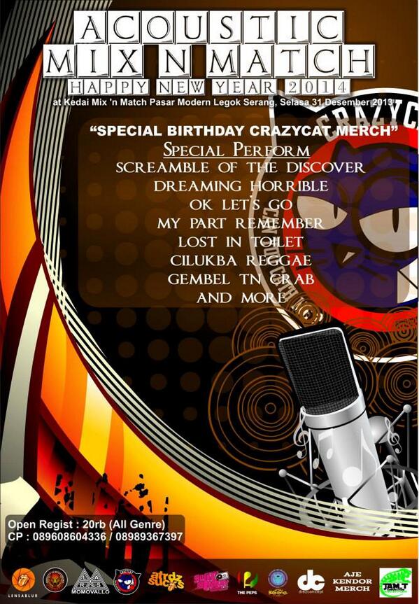 Next show to ACOUSTIC @Mix_n_MatchCF  at Pasar Modern Serang , selasa 31 Desember 2013 :<a href="/cosmicclothes/">Cosmic Clothing</a> <a href="/COSMICserang/">COSMIC Serang</a>