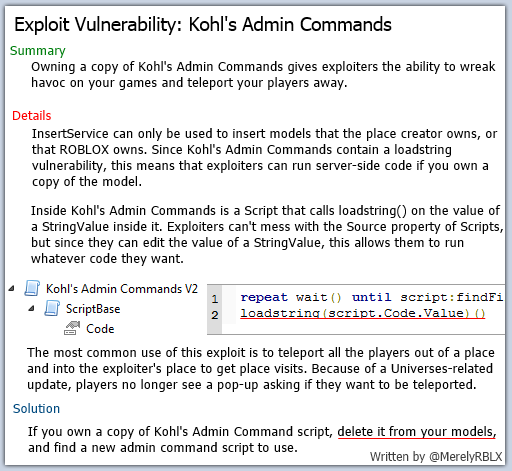 Merely On Twitter Public Service Announcement Owning A Copy Of Kohl S Admin Commands Makes Your Games Vulnerable To Exploiters Http T Co Knmt1ptgxx - rusty on twitter at roblox at serablox is there going to be