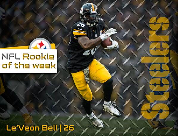 steelers's tweet photo. Congratulations to @L_Bell26 who has been voted the @nfl Rookie of Week 16:  http://t.co/FNHzMAeFhm http://t.co/DtZPUFItNi