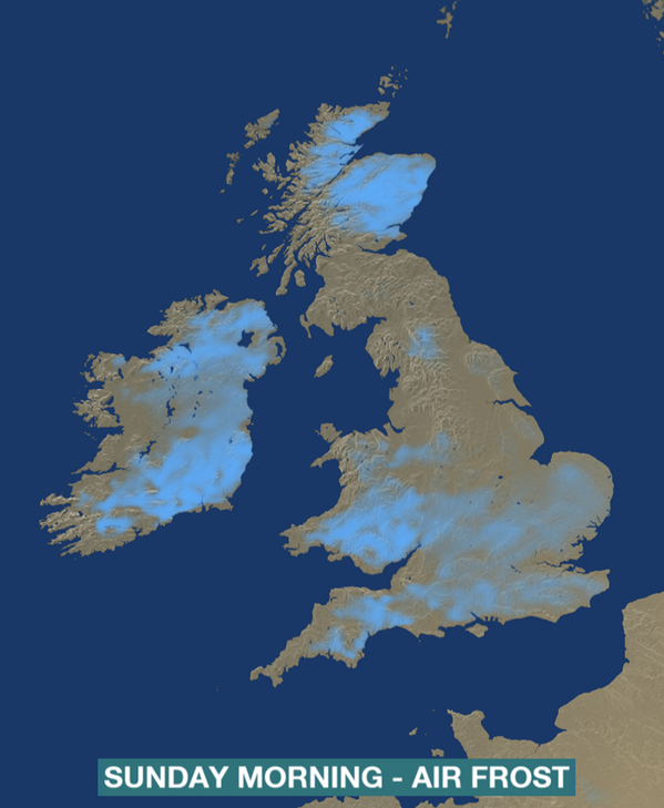 bbcweather's tweet image. A colder night for all tonight. Blue areas on the map showing where an air forst is likely. Ground frost elsewhere MT