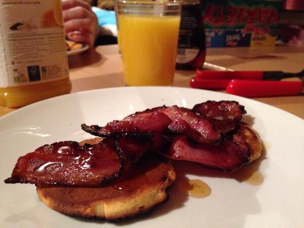 Bacon and maple syrup on pancakes