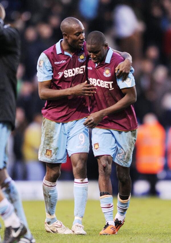 WestHam's tweet image. CLASSIC PIC: @CarltonCole1 and @dembabafoot celebrate an amazing 3-3 comeback draw at @WBAFCofficial in February 2011