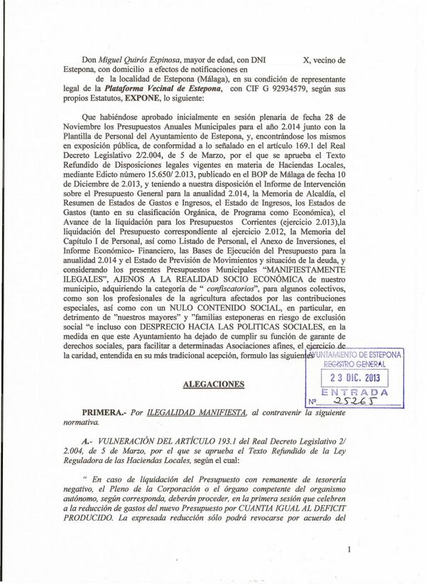 plataformaestep's tweet photo. Presentadas las alegaciones al presupuesto municipal 2014, con sello de registor de entrada http://t.co/WE6XV9DUBP