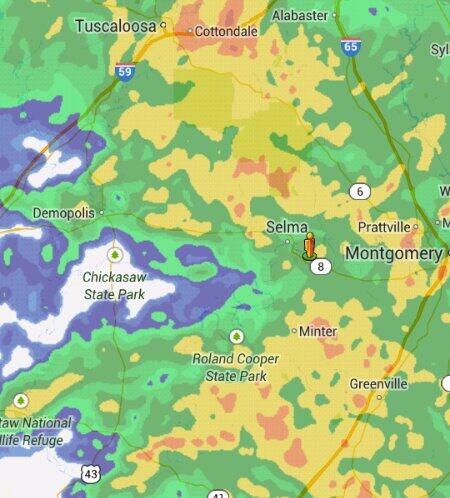 jbstuart's tweet image. WeatherBug screenshot shared Selma Alabama area. #selmaalabama #raineverywhere