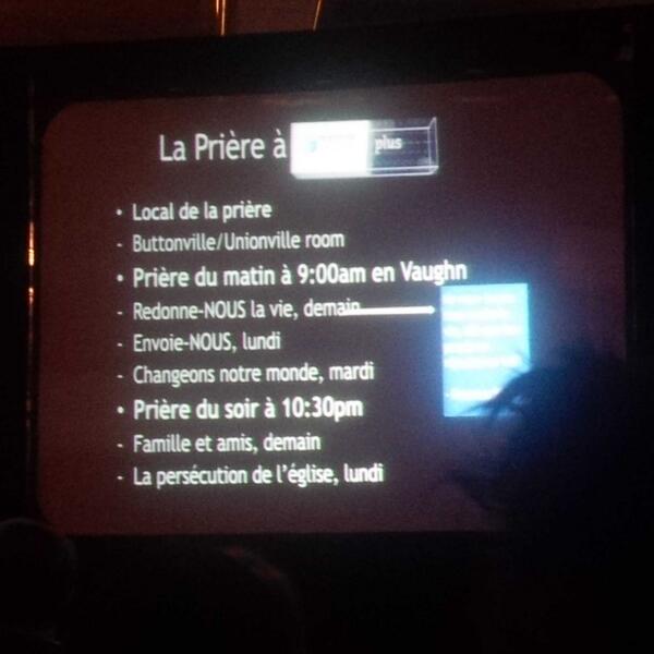 everseriousjill's tweet image. The #p2cplusTO prayer schedule en français.