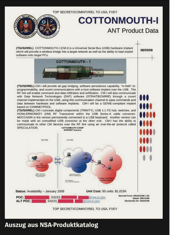 moltke's tweet image. COTTONMOUTH-I looks like USB cable but works as wireless bridge into target network, can "jump the airgap". Scary.