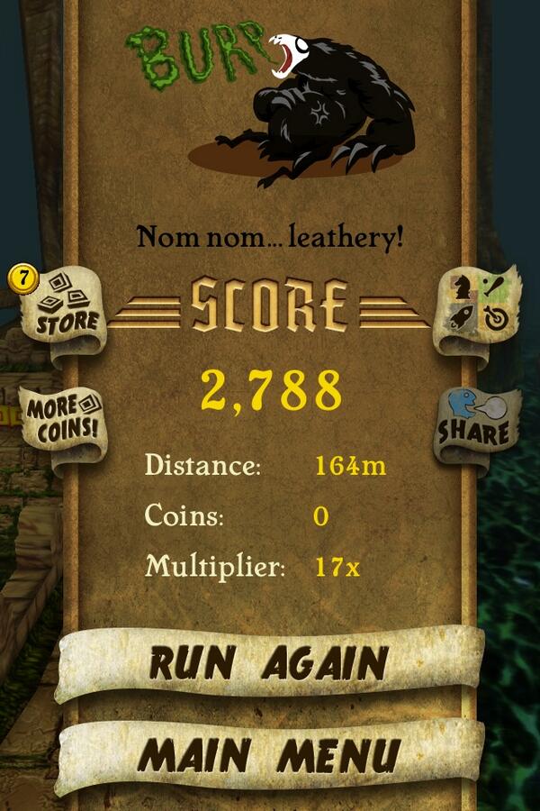 rking1986's tweet photo. I got 2,788 points while escaping from demon monkeys. Beat that! http://t.co/swTtSZFnYb #TempleRun# http://t.co/eAI6PuMfym