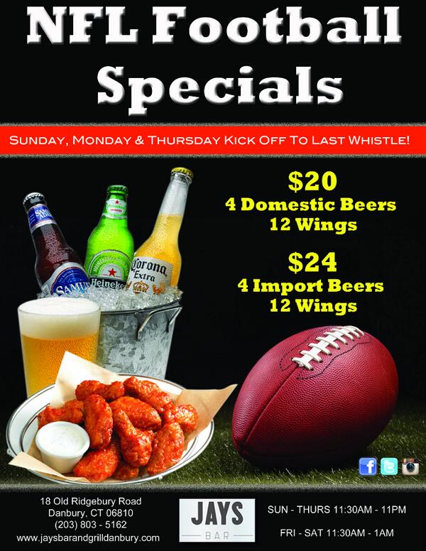 Sunday Footbal Specials Today!!  #wings #beer #jaysbar #06810