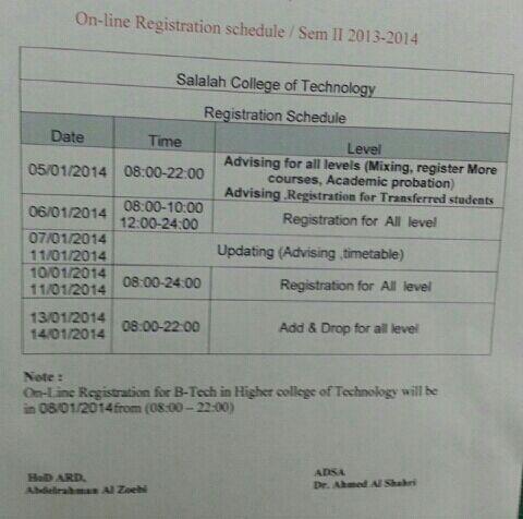 وانتبااااه لطلاب البكالوريوس تسجيلهم مع طلاب التقنيه العليا بتاريخ 8-1-2014 . .