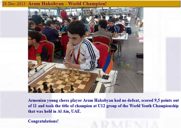 #Armenian Aram Hakobyan - champion at U12 group of the World Youth Championship
#chess
armchess.am