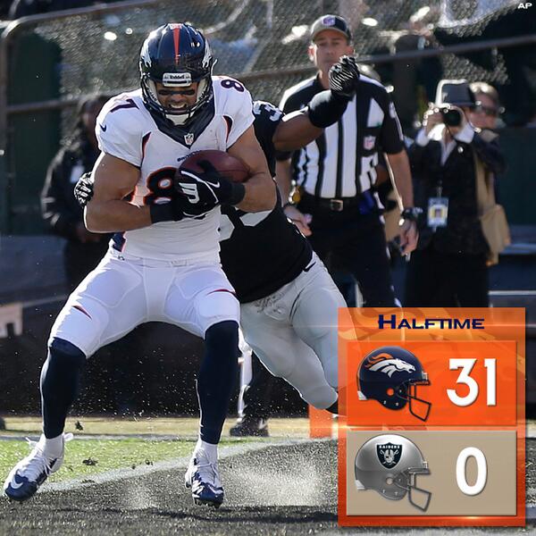 Broncos's tweet photo. RT if you liked that first half of #DENvsOAK! http://t.co/LGLzhx48on