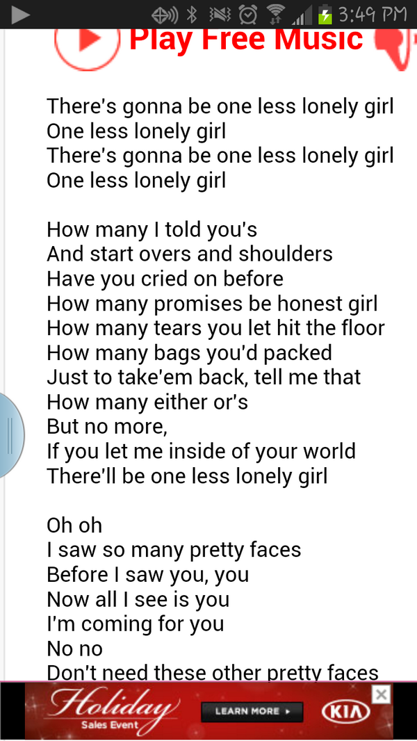 floresyoselyn's tweet photo. One less lonely girl i love this song http://t.co/wjIgRmGSQJ