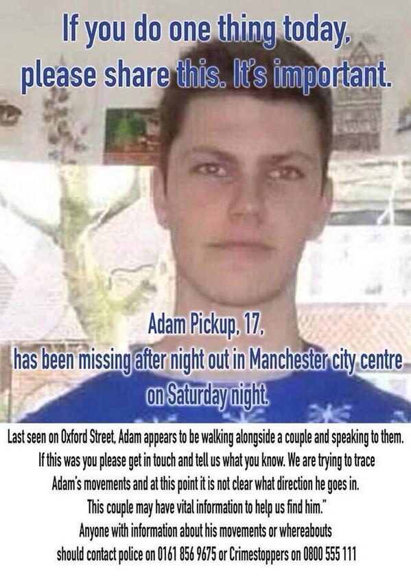 kit_gale's tweet photo. @dougiemcfly please RT Adam Pickup still missing after a night out in Manchester on Friday night #FindAdamPickup http://t.co/5CnERekFBL