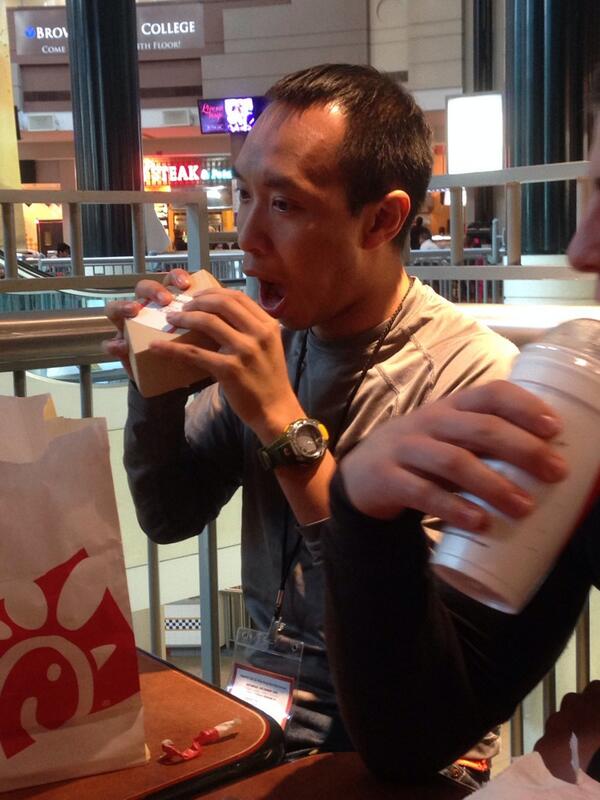 Keffmaster's tweet photo. @IndyIgnite Dan Luk's so exhausted from staying up all night he's eating the box! http://t.co/xJpmFIfLYY