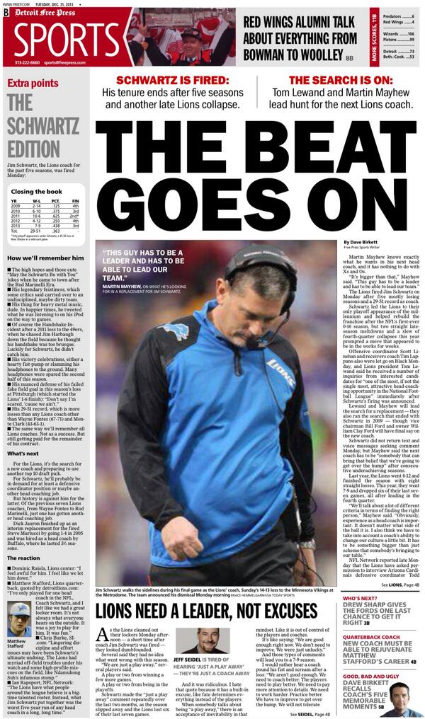 dfpSteve's tweet image. SCHWARTZ (29-51) IS FIRED AND LIONS LOOK FOR A NEW LEADER. The Tuesday @freep Sports front #page. @freepsports
