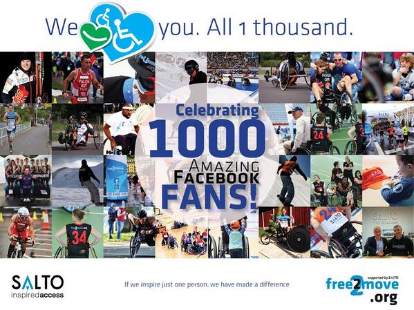 We love you! Celebrating 1000 facebook fans! <a href="/free2moveorg/">free2move.org</a> <a href="/SaltoSystems/">SALTO Systems</a> <a href="/SaltoBeraBera/">Salto Bera Bera</a> <a href="/wheelyphil/">Phil Hogg</a> @RMDCOnlyFriends