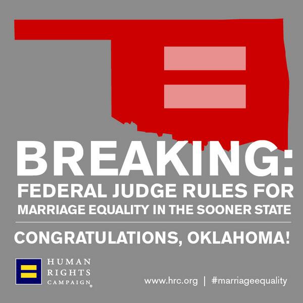 BREAKING: U.S. District Judge Rules Oklahoma Ban on #MarriageEquality Unconstitutional hrc.org/blog/entry/u.s… <a href="/HRC/">HRC</a>