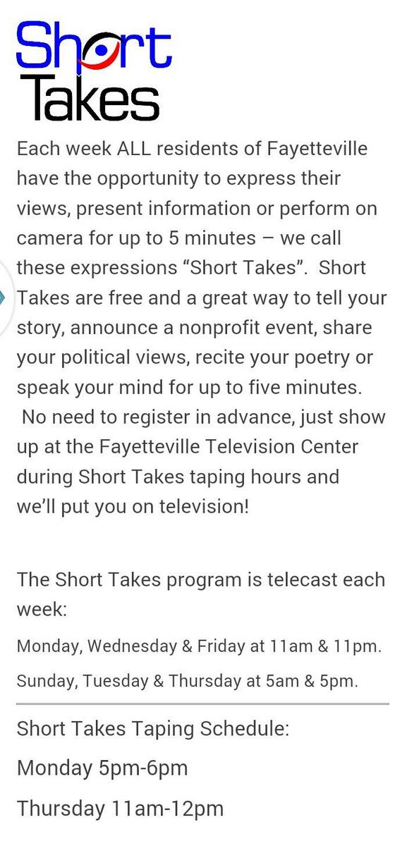 FayPubTV's tweet photo. Short Takes is filming this Thursday 11am-12pm; stop by the studio on 101 W Rock St to get be on tv. #fayetteville http://t.co/VnoEPwx7Po