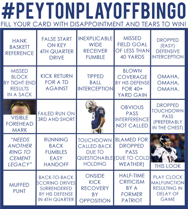 MyColtsAccount's tweet photo. Who is ready to play...

#PEYTONPLAYOFFBINGO

Only 5 more days.
Get your cards ready! http://t.co/ipy6FkP1pQ