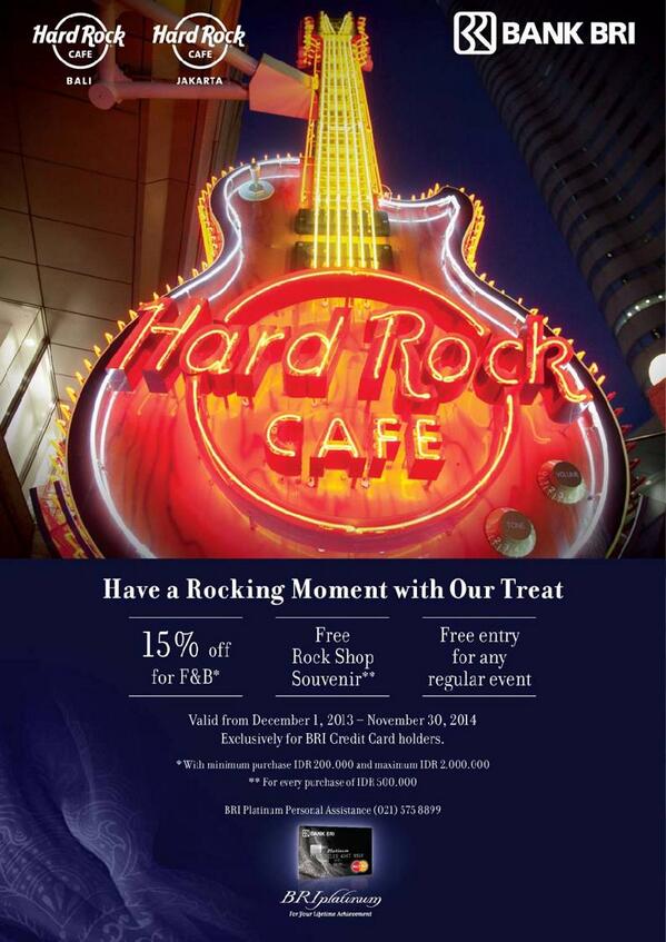 promo_BRI's tweet photo. Have A Rocking Moment With Our Treat Disc15% off for F&amp;B @hardrockbali @HardRockCafeJKT Exclusively for BRI CCHolders http://t.co/NMVciYdIHT